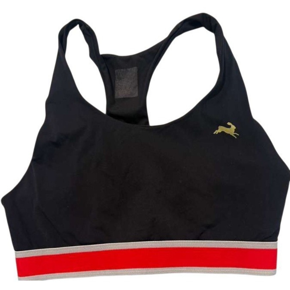 Tracksmith Women's Run Bra Black Racerback Racing Stripe Running Sports Bra L